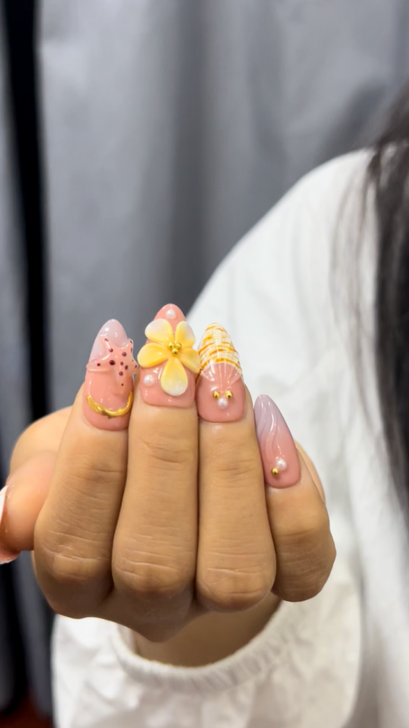Hand Sculpted 3D Pink Floral Press On Nails Matte Nude Brown Pink Gradient Square Reusable Fake Nails